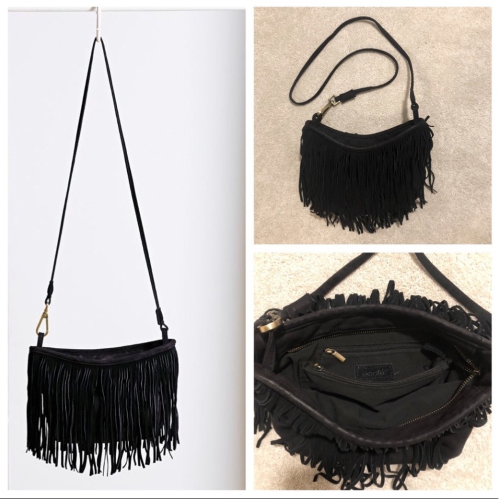UO Black Fringe Suede Purse Ecote